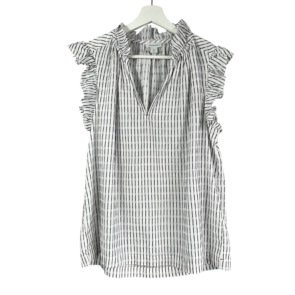 Sundance Womens Black White Striped Ruffle V-Neck Sleeveless Cotton Blouse M